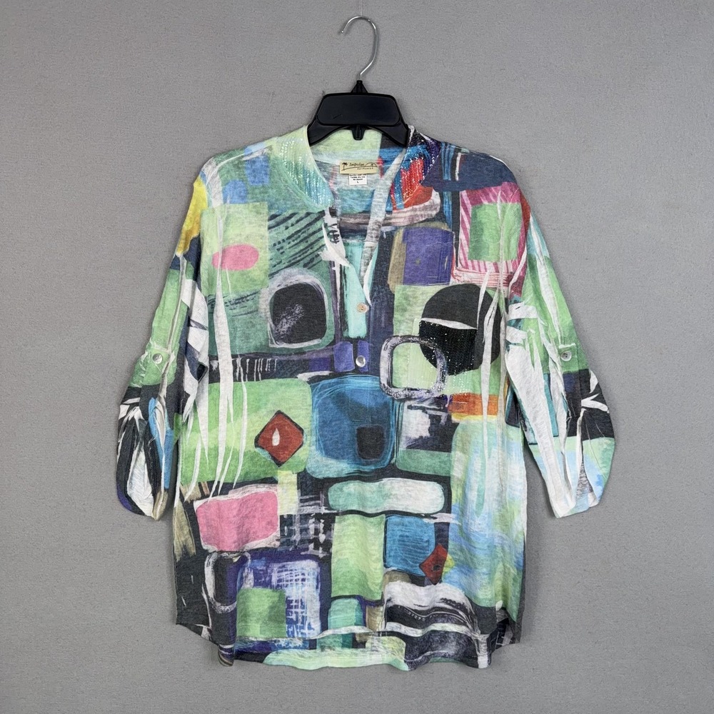 Impulse California Blouse Womens Large Colorful Sequin Henley Tunic Top Art
